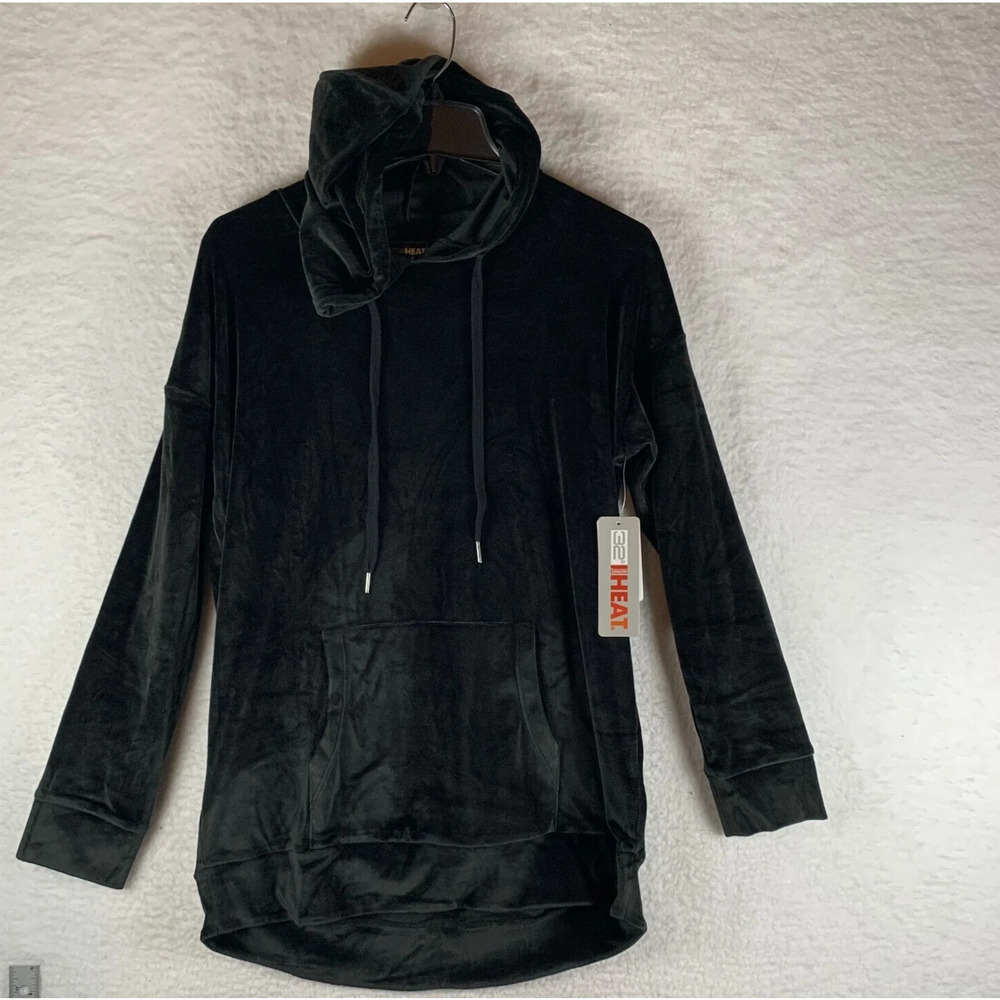 32 Degrees Women Velour Hoodie Black Stretch Drop-Shoulder Pouch-Pocket Soft New